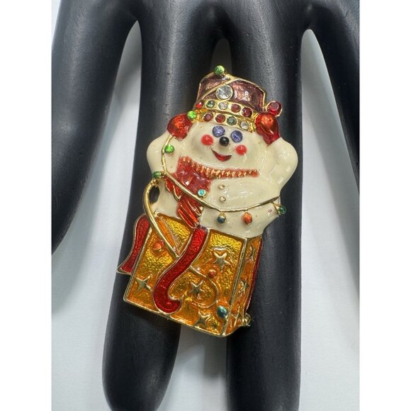 Vintage Christopher Radko Enamel Snowman Brooch Pin Christmas Gift Gold Tone - Picture 2 of 4